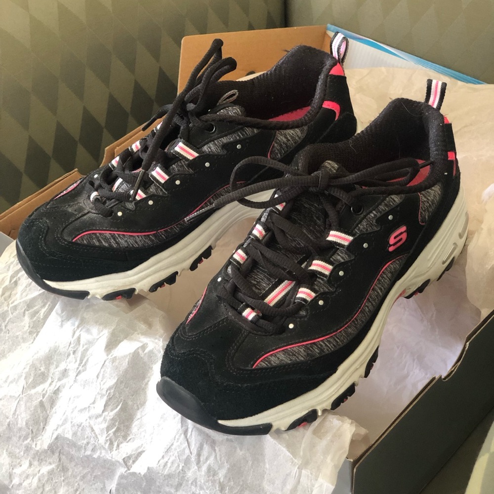 Skechers D'Lites Black Grey Pink Athletic Walking Shoes with Box